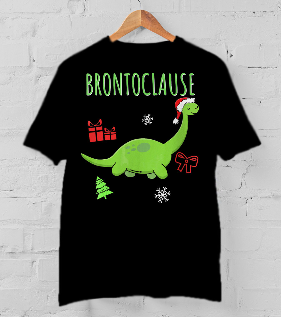 Brontoclause Christmas Dinosaur With Santa Hat And Holiday Gifts T-Shirt