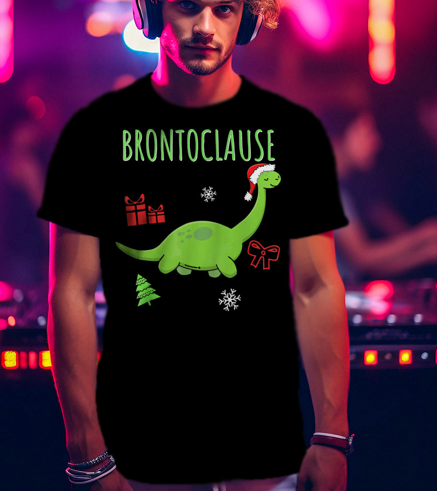 Brontoclause Christmas Dinosaur With Santa Hat And Holiday Gifts T-Shirt