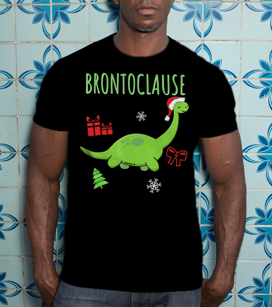 Brontoclause Christmas Dinosaur With Santa Hat And Holiday Gifts T-Shirt
