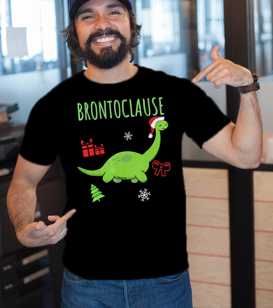 Brontoclause Christmas Dinosaur With Santa Hat And Holiday Gifts T-Shirt