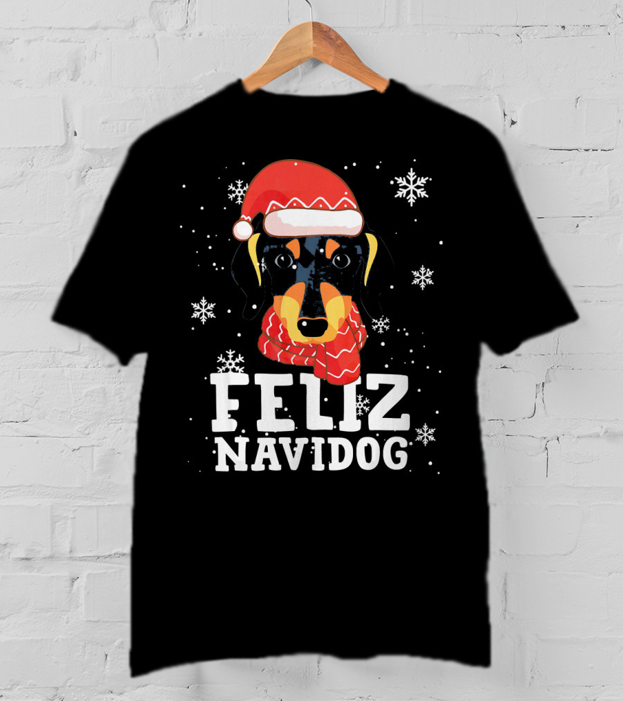 Feliz Navidog Dachshund Dog Christmas Snowflakes Santa Hat Scarf T-Shirt