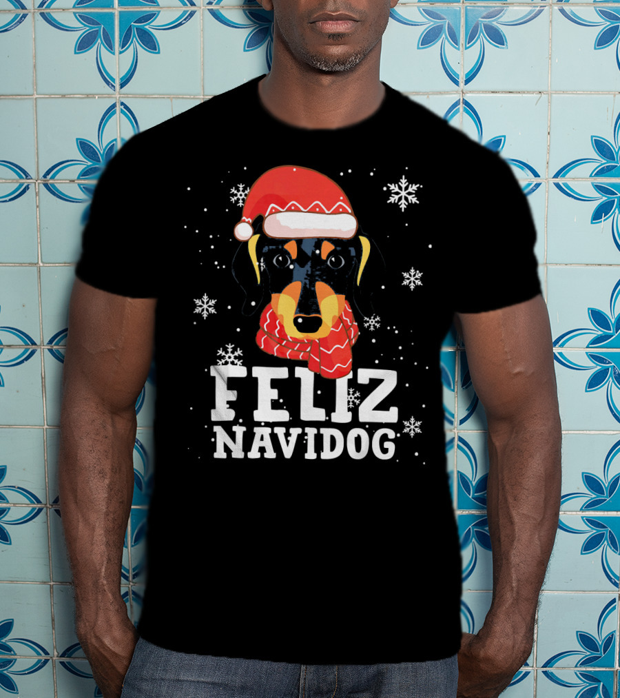 Feliz Navidog Dachshund Dog Christmas Snowflakes Santa Hat Scarf T-Shirt