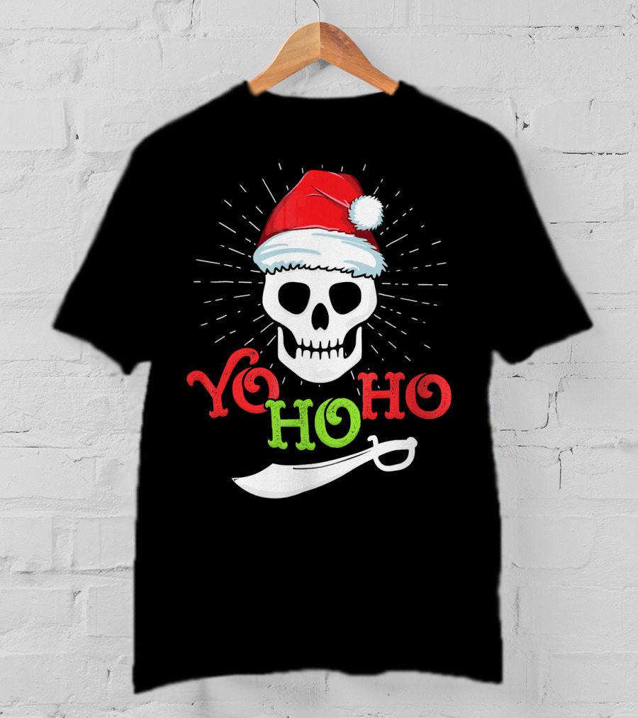 Yo Ho Ho Skull Santa Hat Pirate Sword T-Shirt