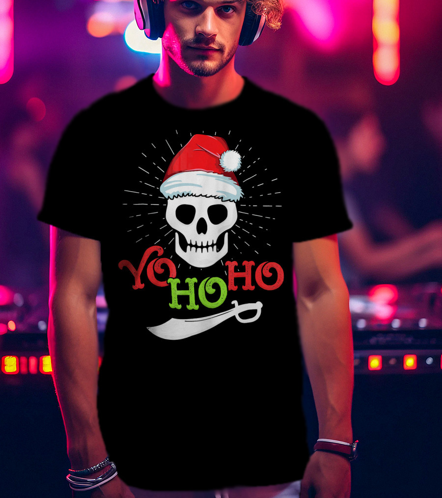 Yo Ho Ho Skull Santa Hat Pirate Sword T-Shirt