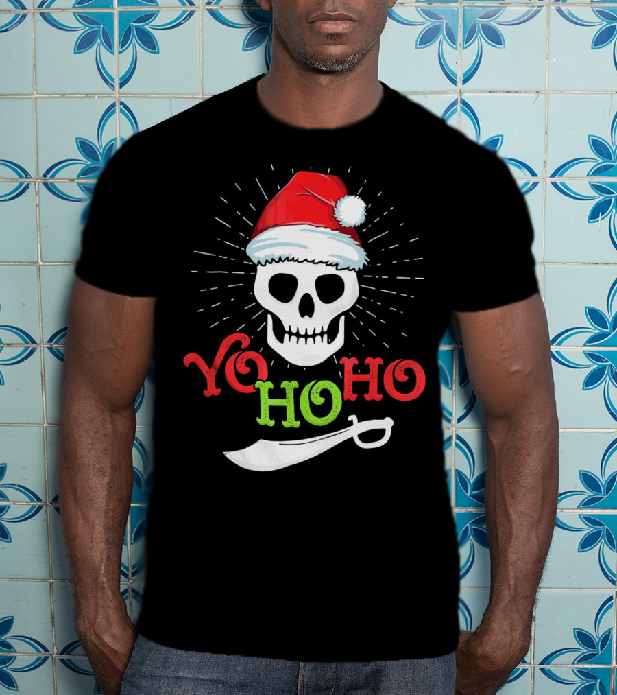 Yo Ho Ho Skull Santa Hat Pirate Sword T-Shirt