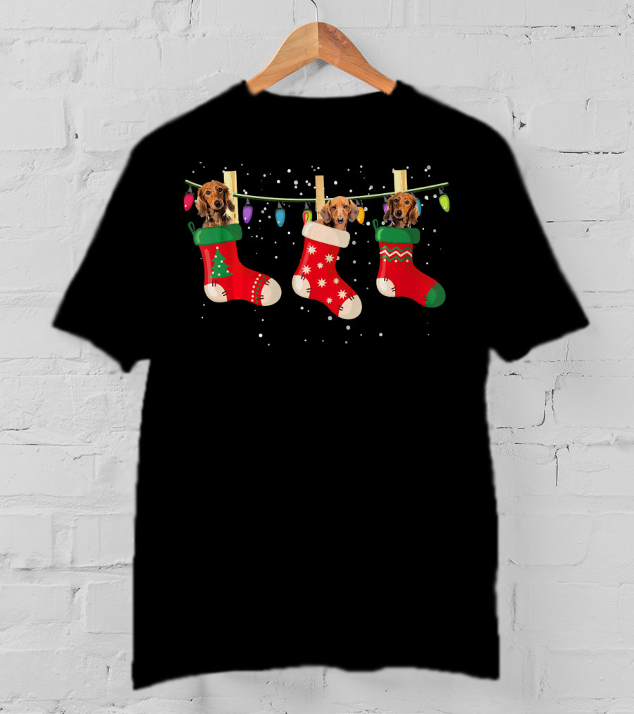 Dachshund Puppies In Christmas Stockings With Festive Lights Snowflakes T-Shirt
