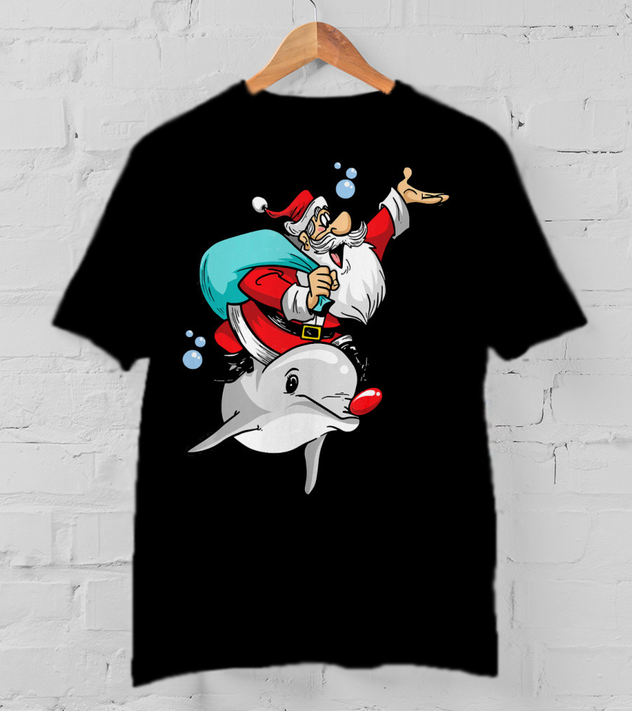 Christmas In July Santa Riding A Rudolph-Nosed Dolphin T-Shirt