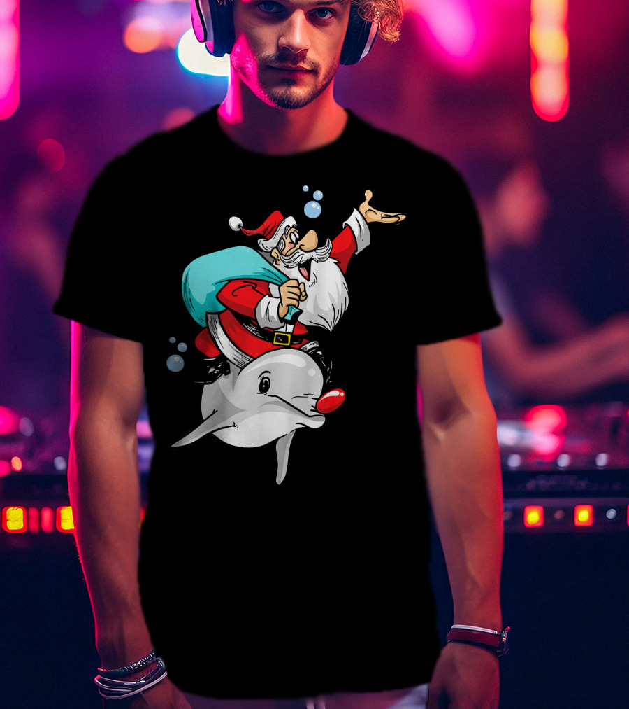 Christmas In July Santa Riding A Rudolph-Nosed Dolphin T-Shirt