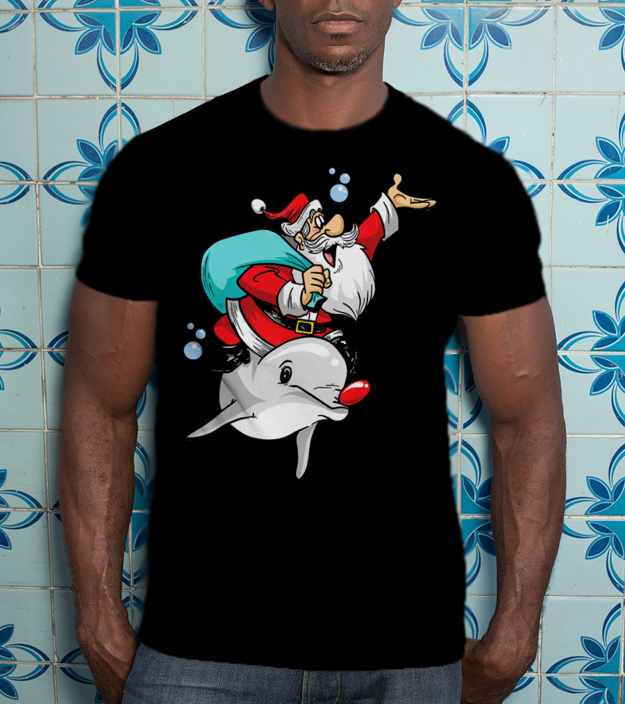 Christmas In July Santa Riding A Rudolph-Nosed Dolphin T-Shirt