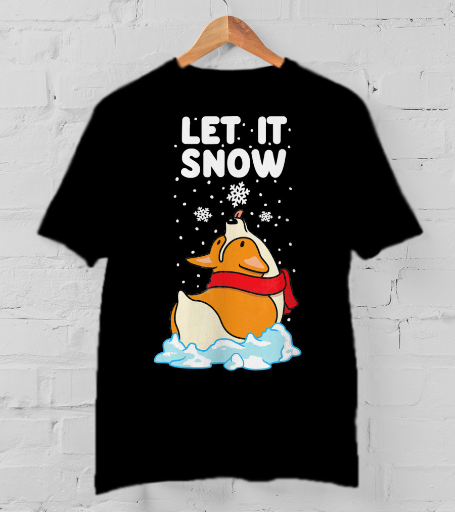 Let It Snow Corgi With Red Scarf In Snowfall T-Shirt