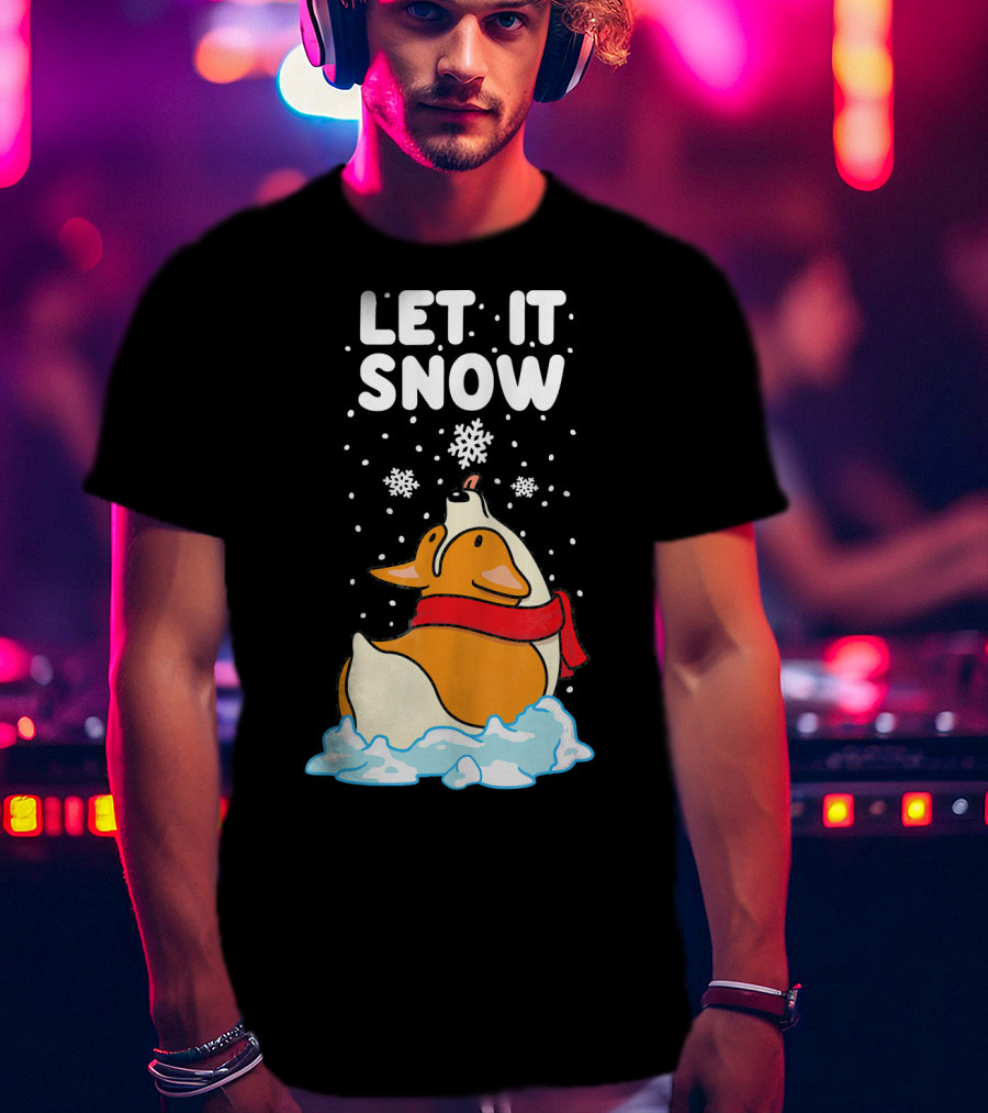 Let It Snow Corgi With Red Scarf In Snowfall T-Shirt