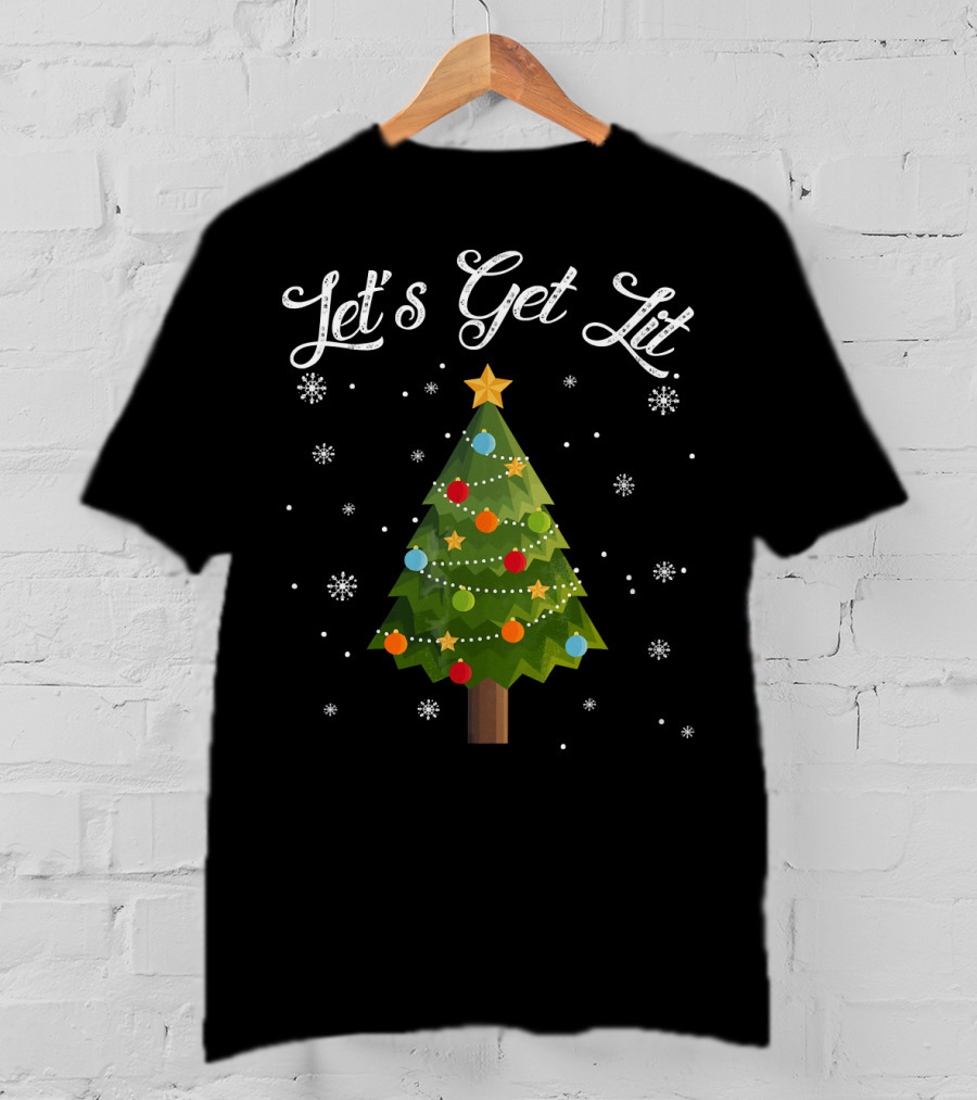 Let's Get Lit Christmas Tree Funny Drink Snowflakes T-Shirt