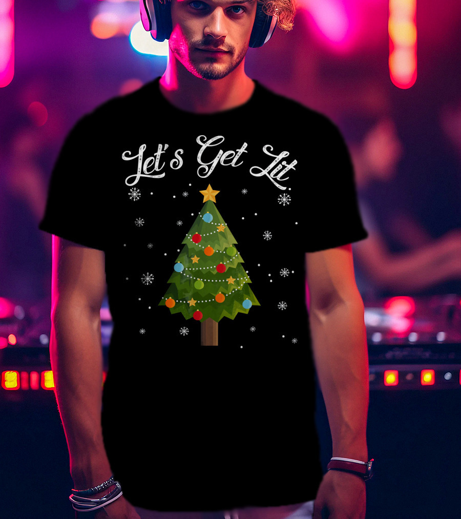 Let's Get Lit Christmas Tree Funny Drink Snowflakes T-Shirt