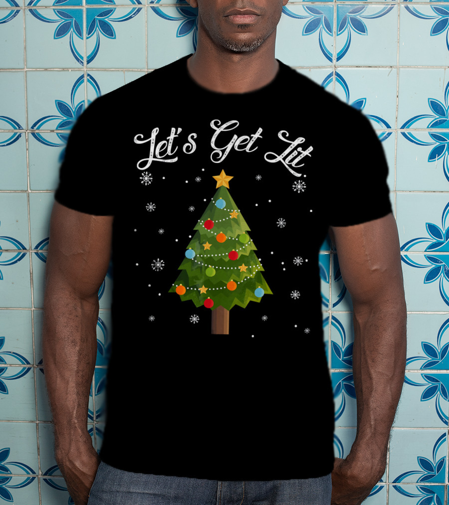Let's Get Lit Christmas Tree Funny Drink Snowflakes T-Shirt