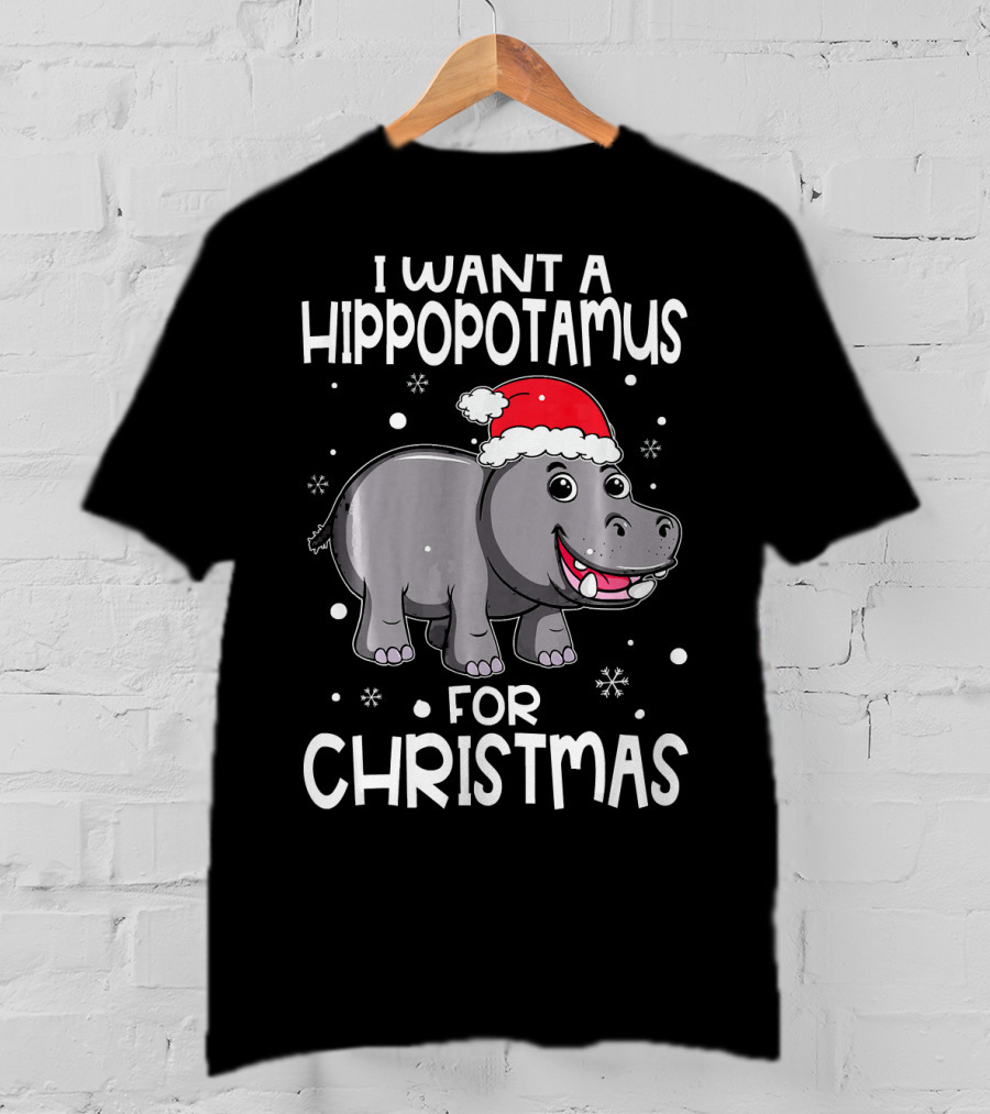 I Want A Hippopotamus For Christmas Santa Hat Snowflakes T-Shirt