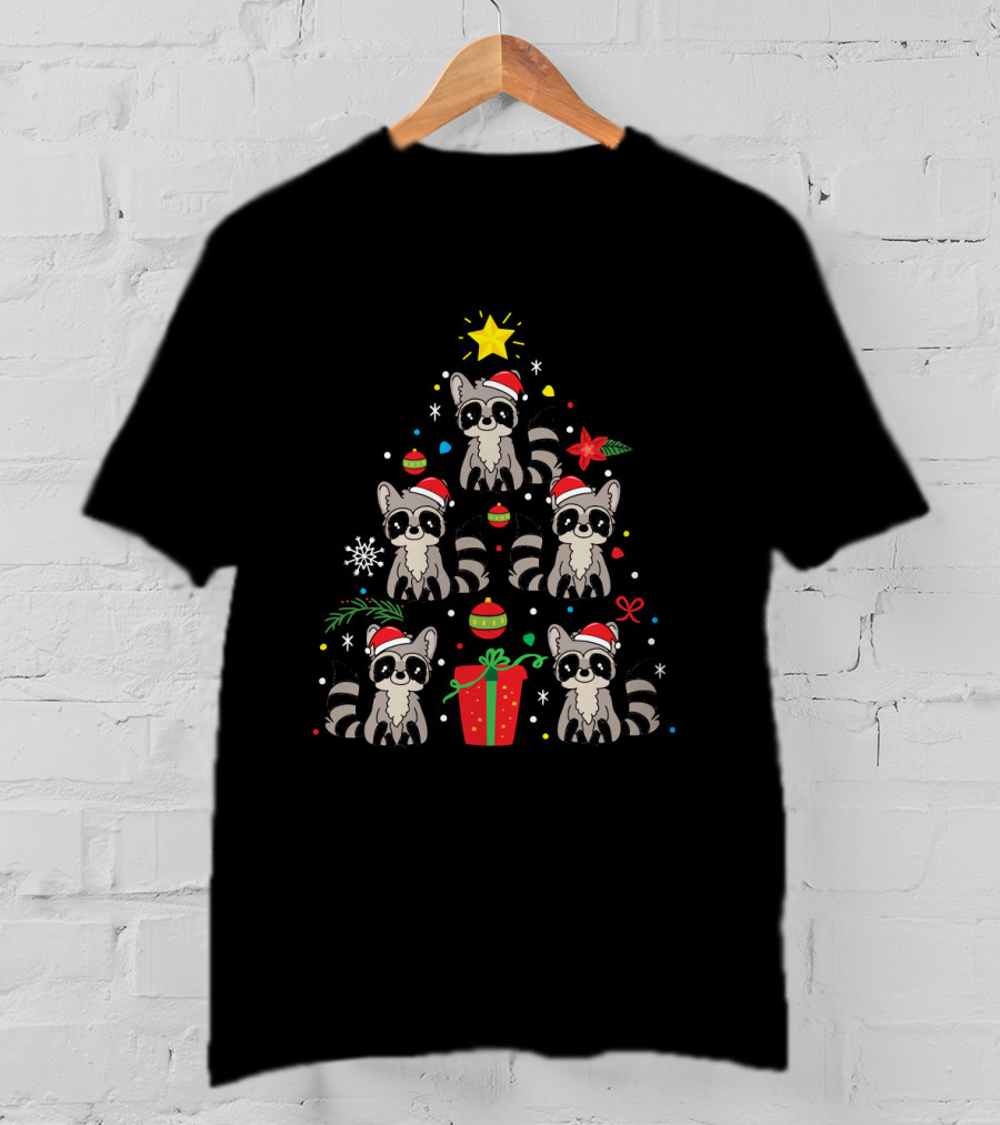 Raccoon Christmas Tree Ornament Santa Hats Holiday Gift T-Shirt
