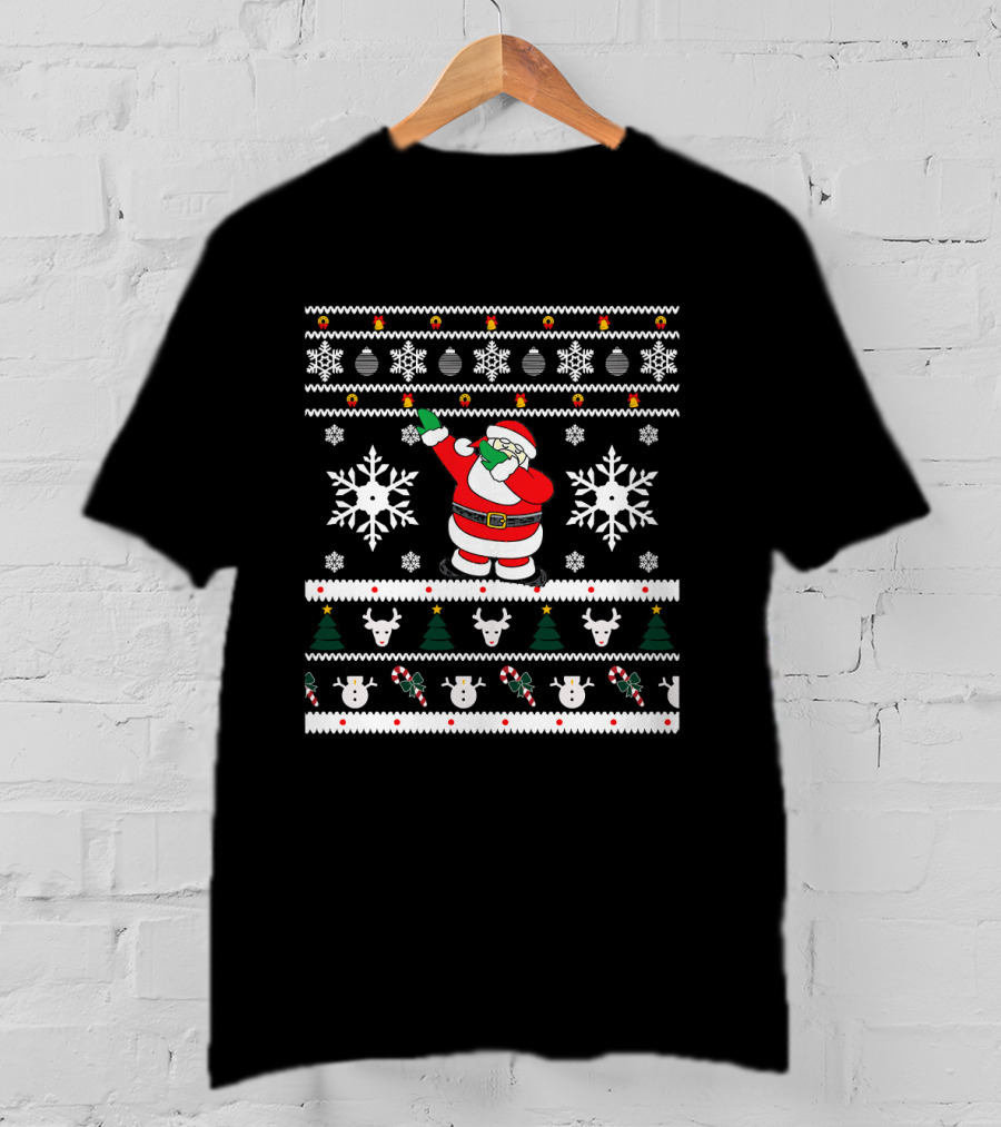 Dabbing Santa Ugly Christmas Snowflakes And Reindeer T-Shirt