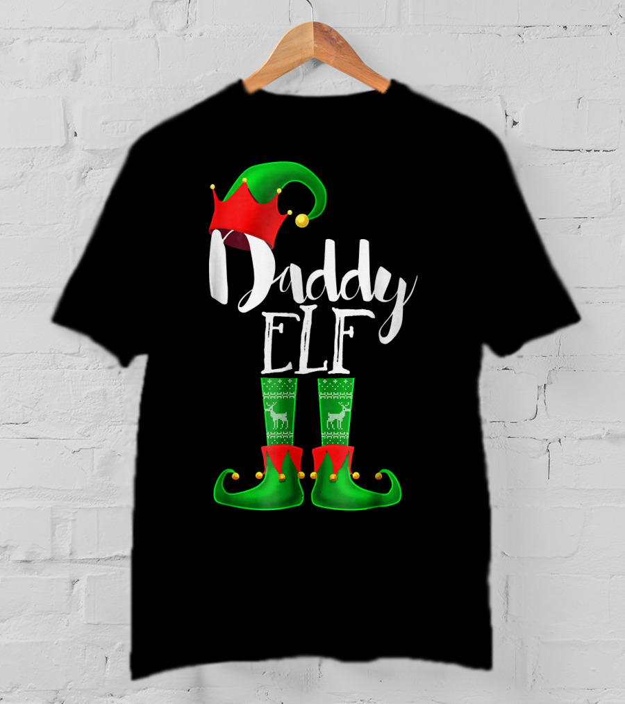 Daddy Elf Christmas Hat And Boots With Festive Green Socks T-Shirt