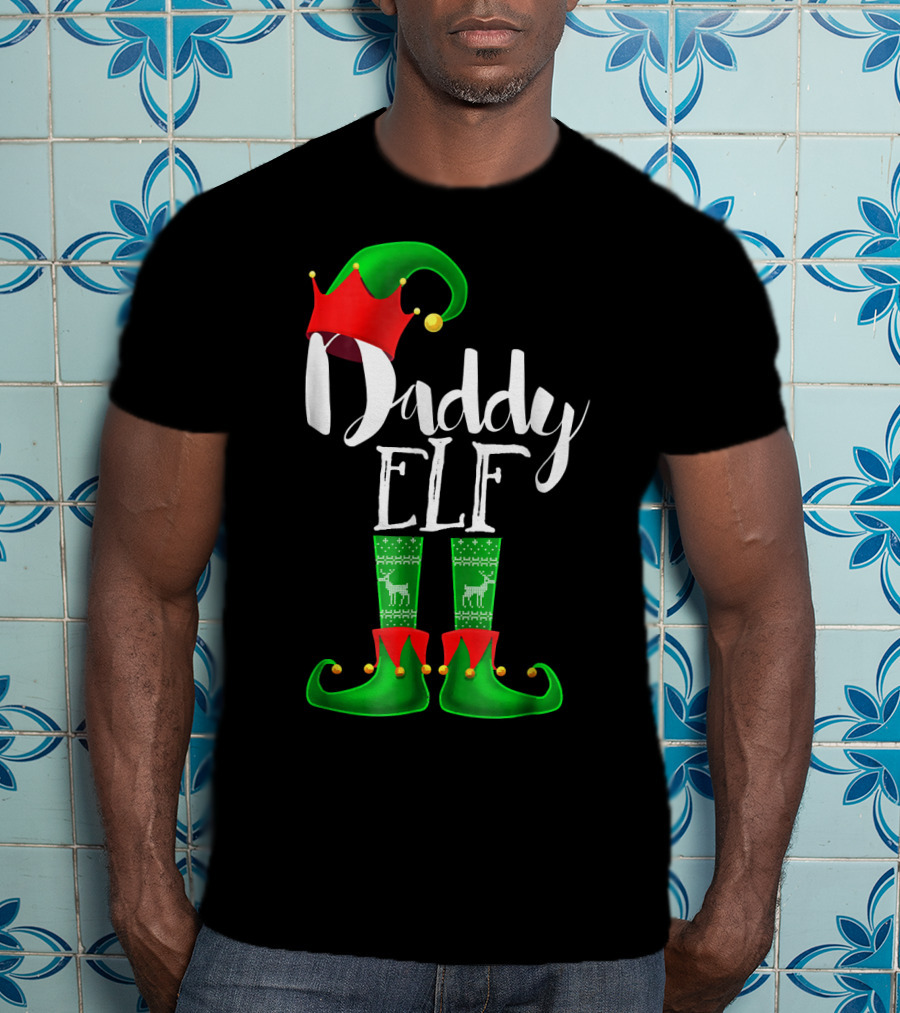 Daddy Elf Christmas Hat And Boots With Festive Green Socks T-Shirt