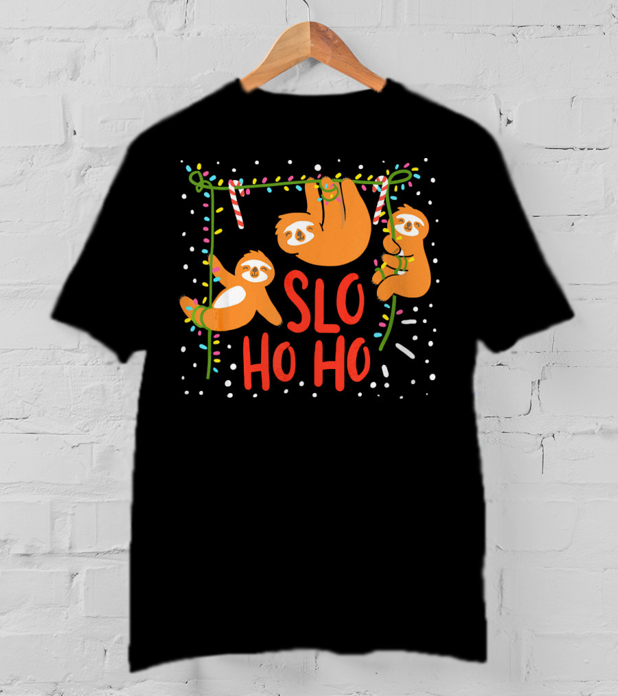 Slo Ho Ho Ho Christmas Sloth Hanging With Candy Cane And Lights T-Shirt