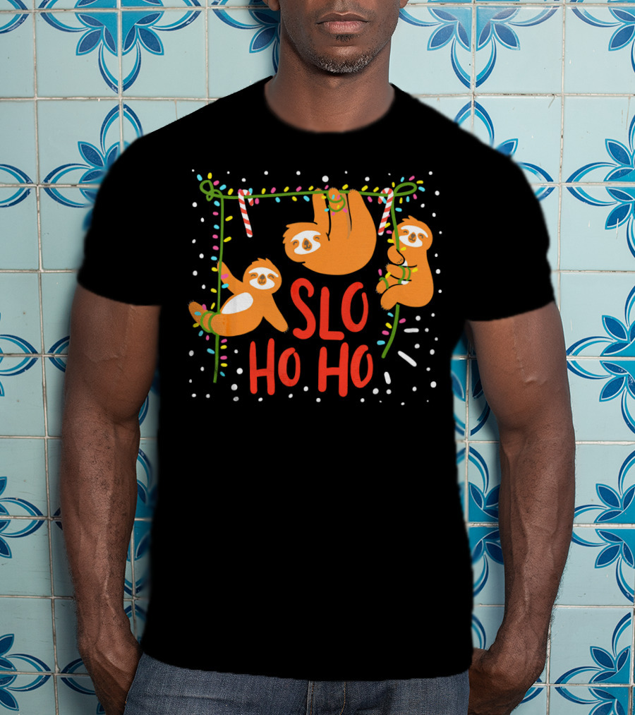 Slo Ho Ho Ho Christmas Sloth Hanging With Candy Cane And Lights T-Shirt