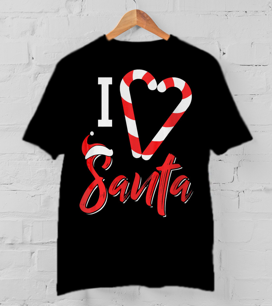 Christmas I Love Santa Candy Cane Heart With Santa Hat T-Shirt