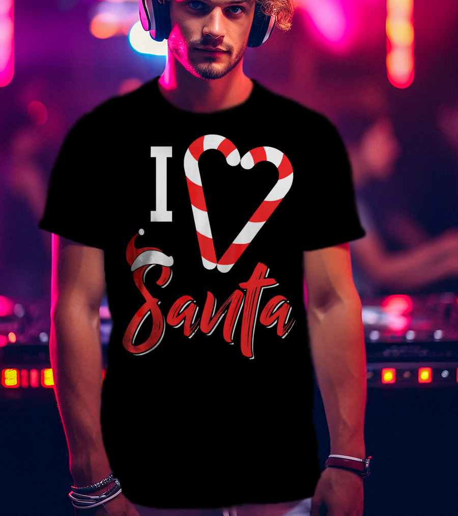 Christmas I Love Santa Candy Cane Heart With Santa Hat T-Shirt