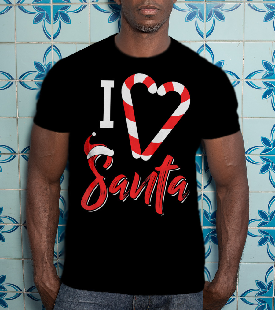 Christmas I Love Santa Candy Cane Heart With Santa Hat T-Shirt