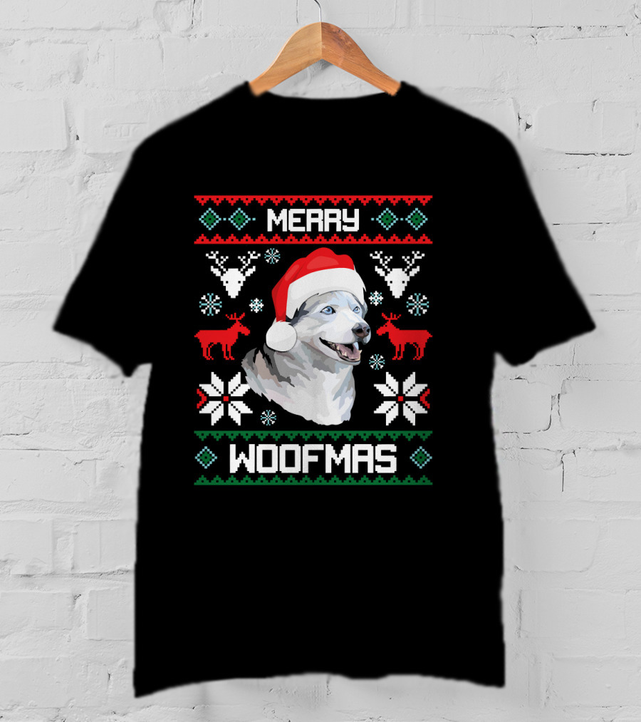 Merry Woofmas Siberian Husky Dog In Santa Hat With Reindeer And Snowflakes T-Shirt