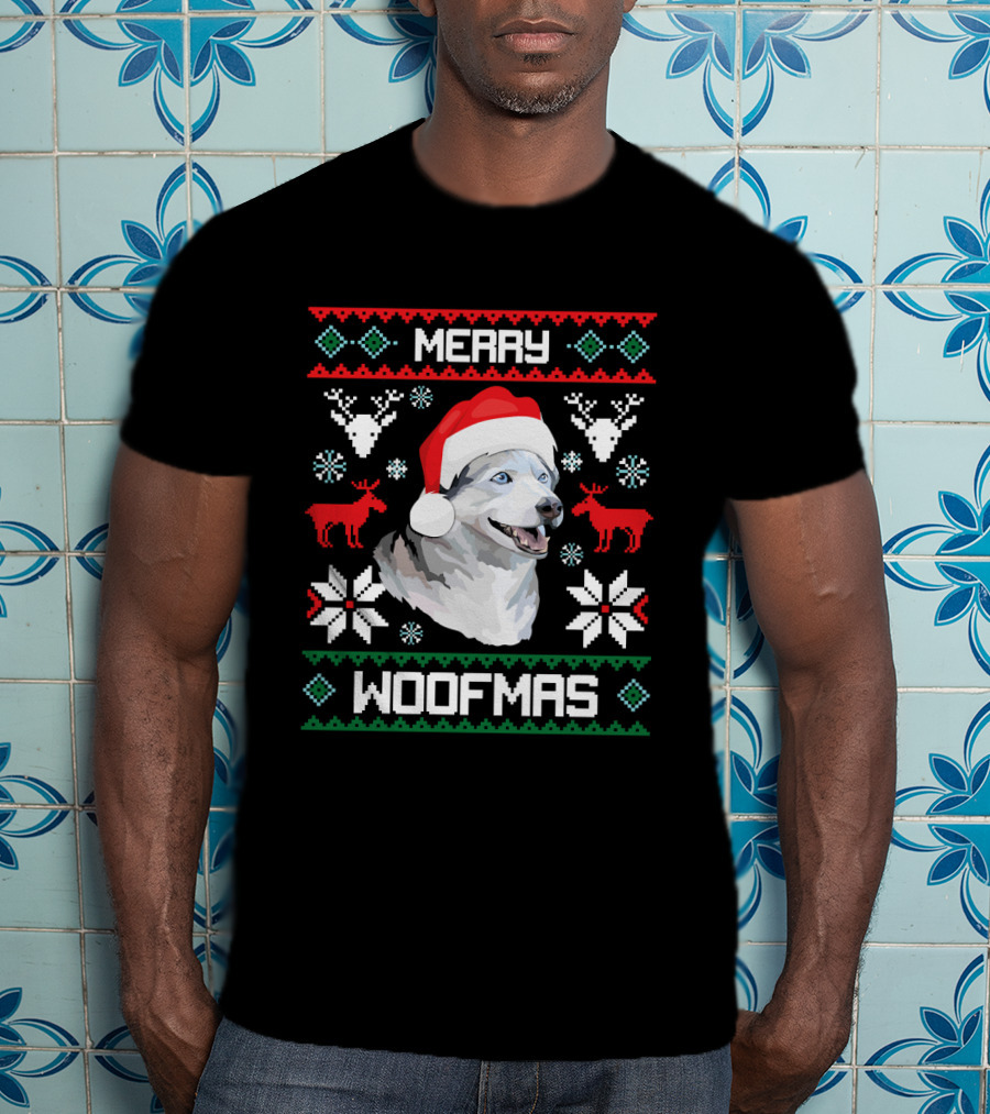 Merry Woofmas Siberian Husky Dog In Santa Hat With Reindeer And Snowflakes T-Shirt