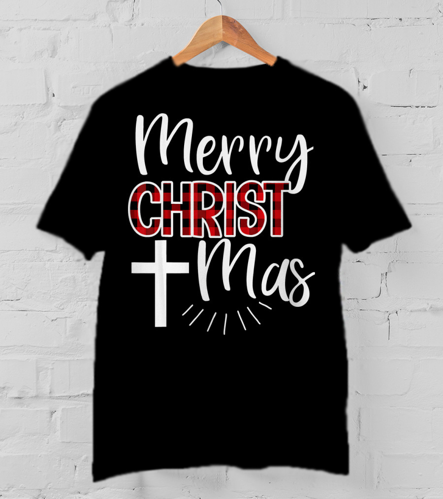 Merry CHRISTmas Cross Buffalo Plaid Christian T-Shirt