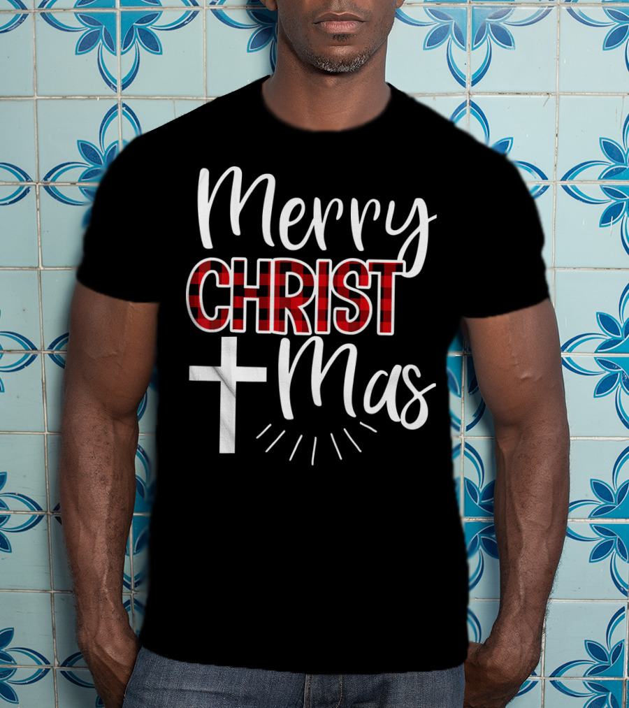 Merry CHRISTmas Cross Buffalo Plaid Christian T-Shirt