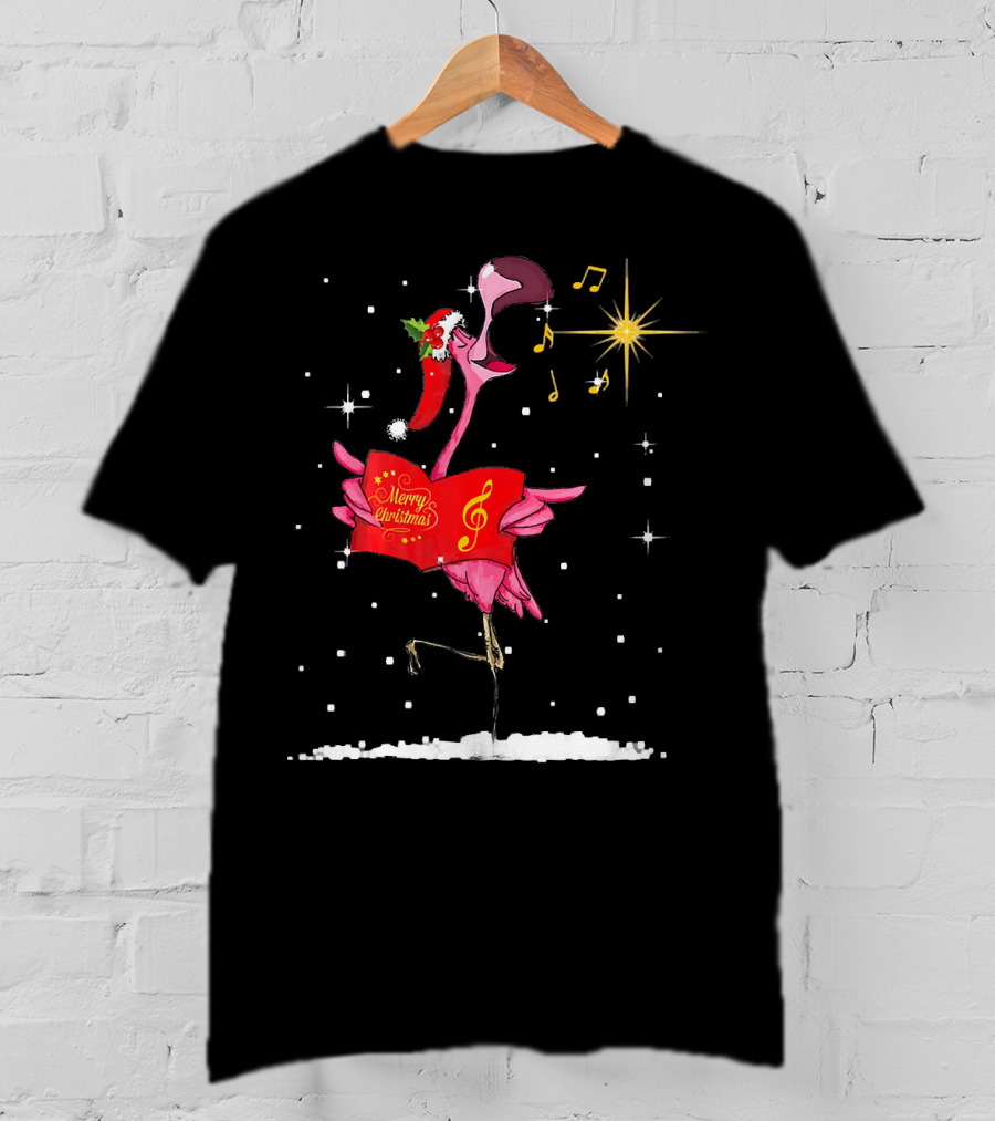 Funny Flamingo Sings Merry Christmas Song With Musical Notes And Santa Hat T-Shirt