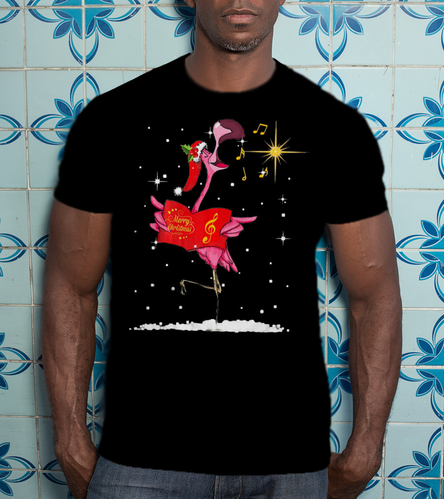 Funny Flamingo Sings Merry Christmas Song With Musical Notes And Santa Hat T-Shirt