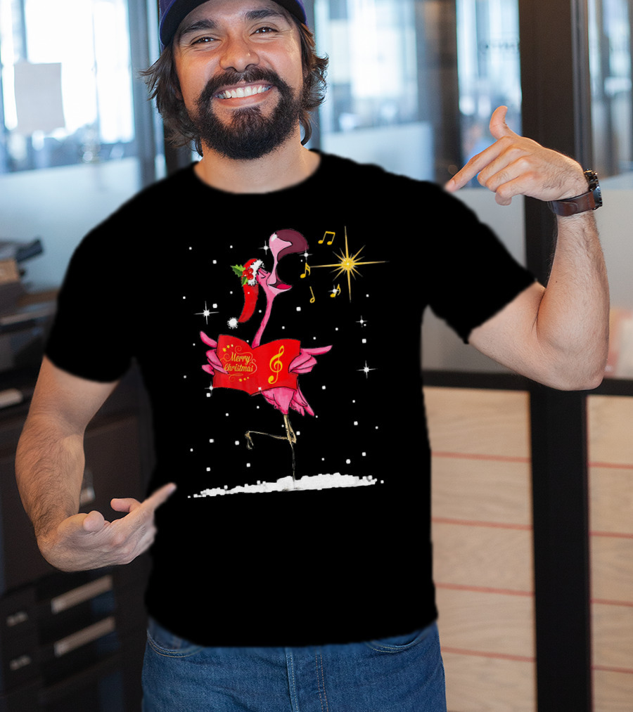 Funny Flamingo Sings Merry Christmas Song With Musical Notes And Santa Hat T-Shirt