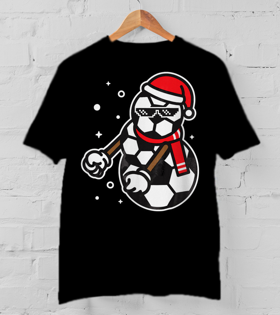 Soccer Player Snowman Funny Boy Girl Christmas Cool Santa Hat Pixel Glasses T-Shirt