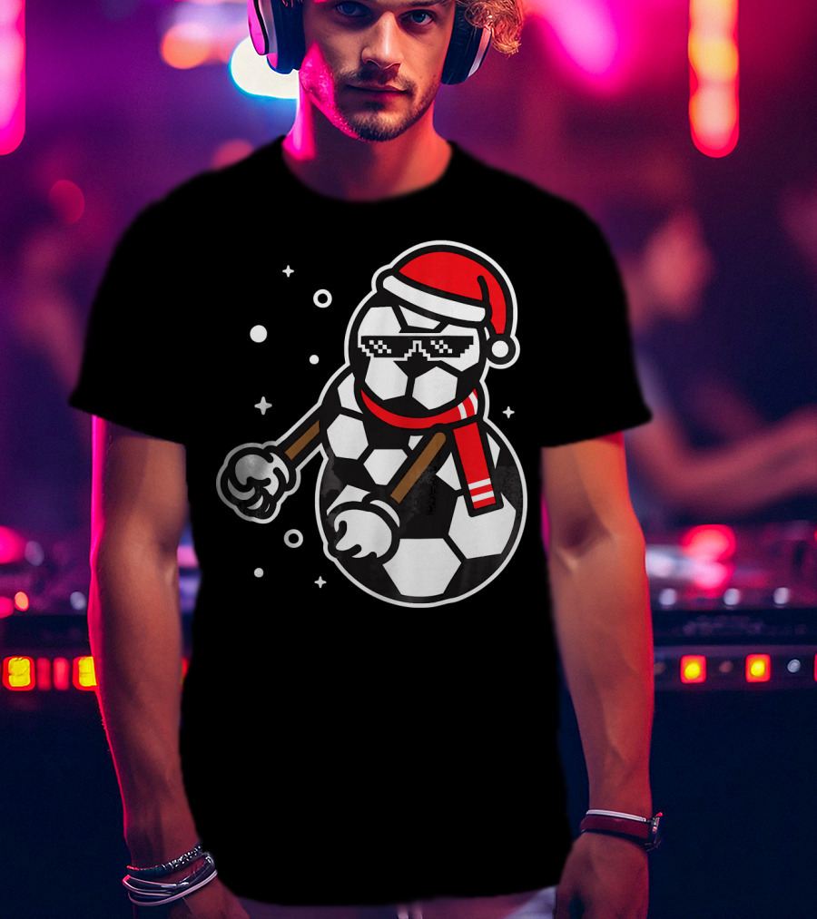 Soccer Player Snowman Funny Boy Girl Christmas Cool Santa Hat Pixel Glasses T-Shirt