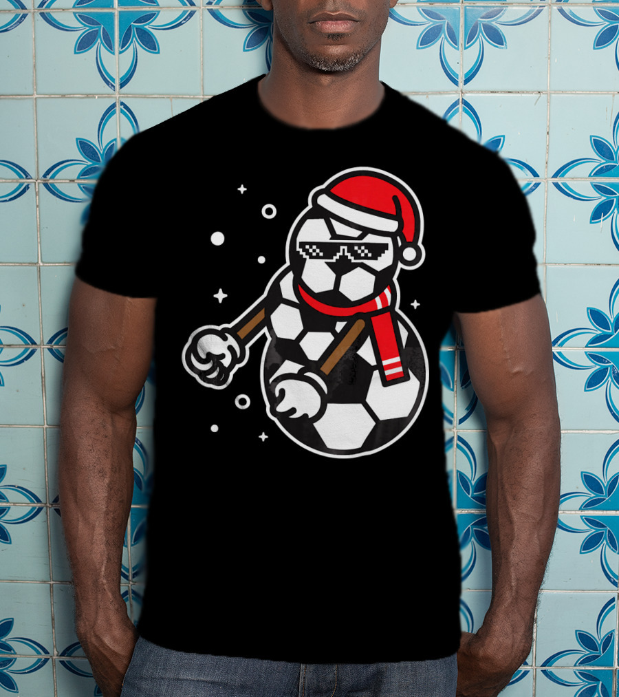 Soccer Player Snowman Funny Boy Girl Christmas Cool Santa Hat Pixel Glasses T-Shirt