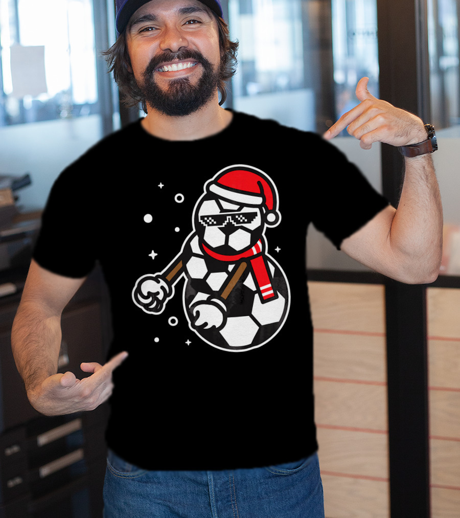 Soccer Player Snowman Funny Boy Girl Christmas Cool Santa Hat Pixel Glasses T-Shirt