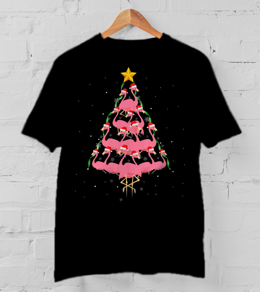 Funny Pink Flamingo Christmas Tree With Santa Hats And Star Topper T-Shirt
