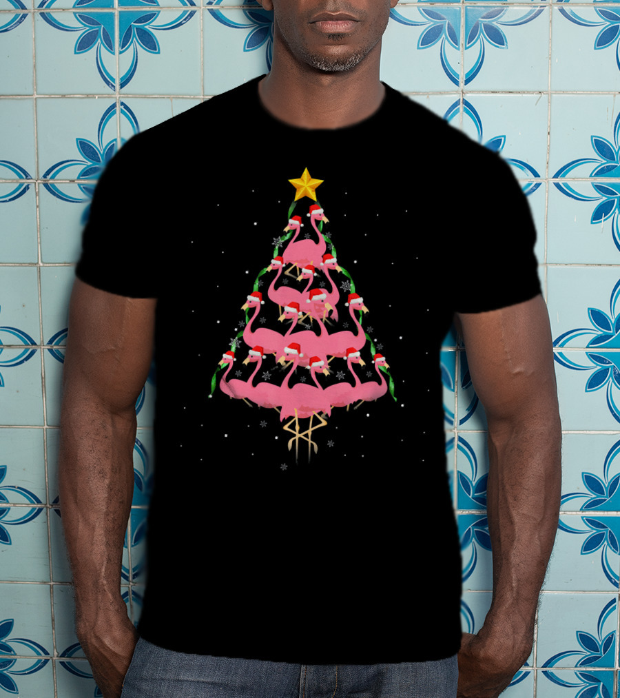 Funny Pink Flamingo Christmas Tree With Santa Hats And Star Topper T-Shirt