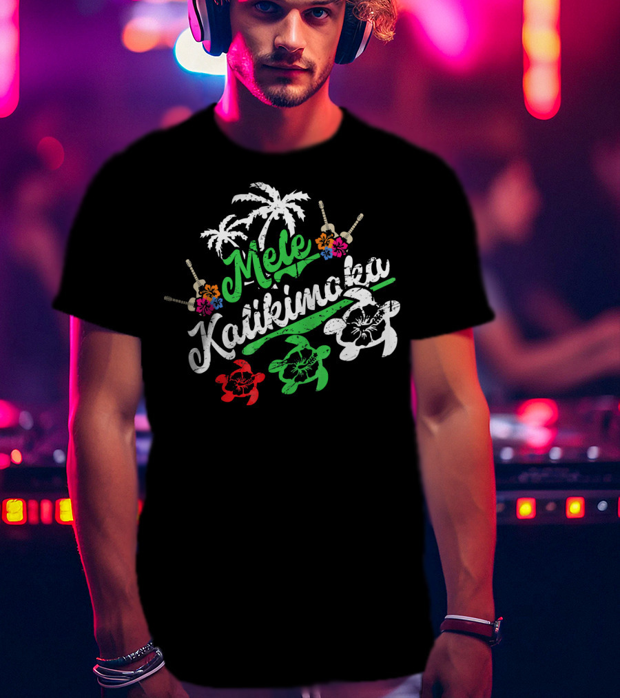 Mele Kalikimaka Hawaiian Turtles Palm Trees Flowers T-Shirt