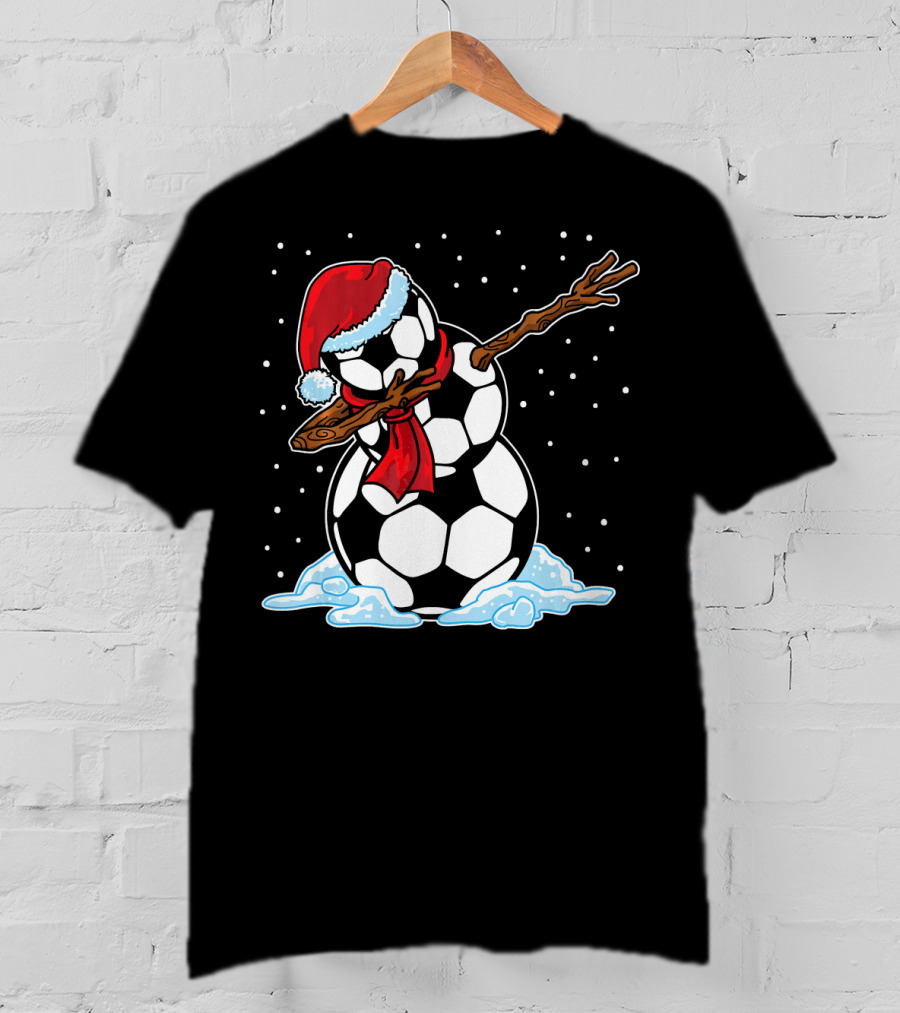 Santa Hat Soccer Ball Snowman With Red Scarf Dabbing In Snowflakes T-Shirt