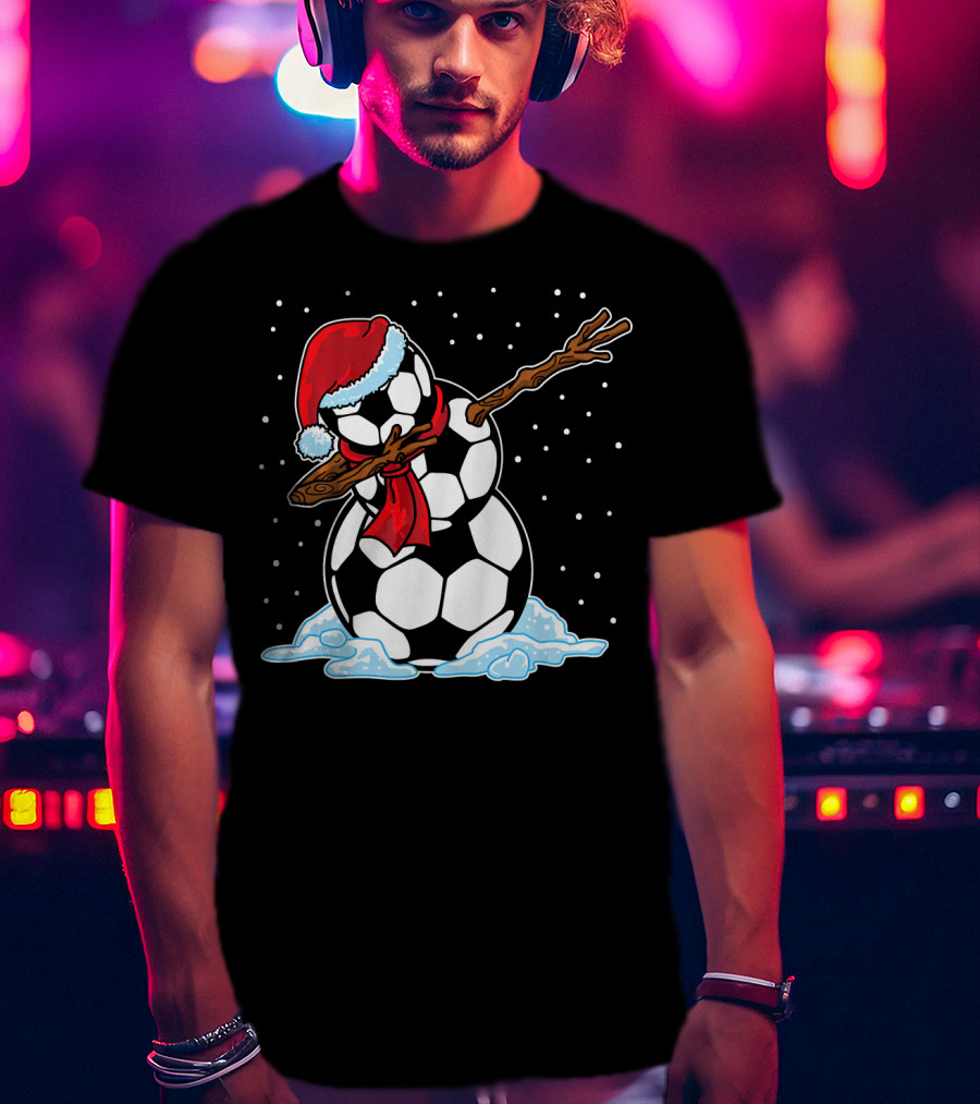 Santa Hat Soccer Ball Snowman With Red Scarf Dabbing In Snowflakes T-Shirt