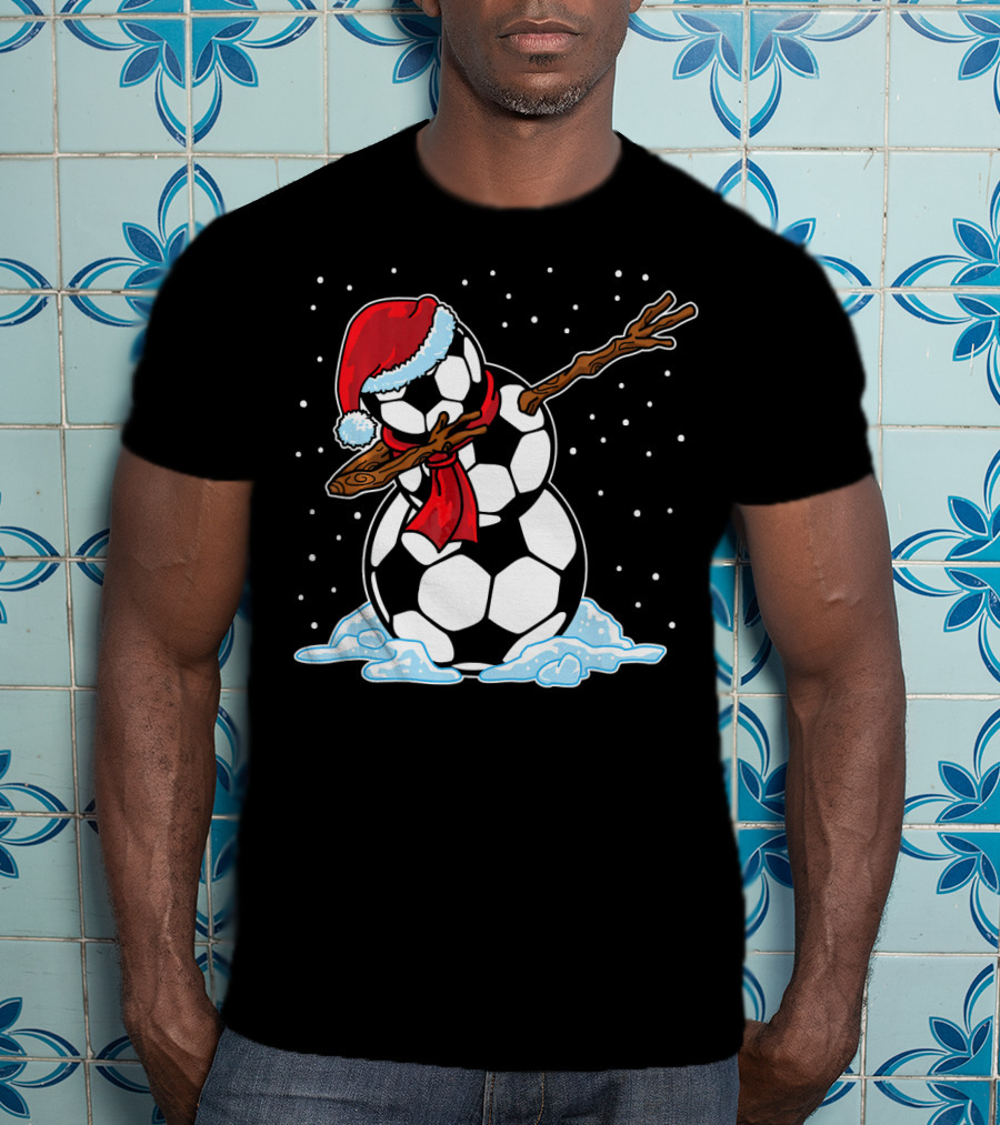 Santa Hat Soccer Ball Snowman With Red Scarf Dabbing In Snowflakes T-Shirt