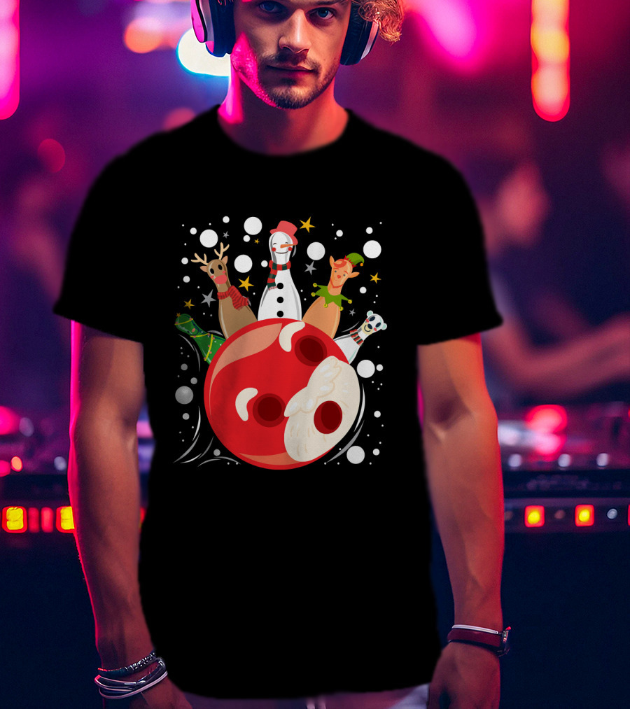 Bowling Pin Christmas Snowman Reindeer Elf Funny Bowler T-Shirt