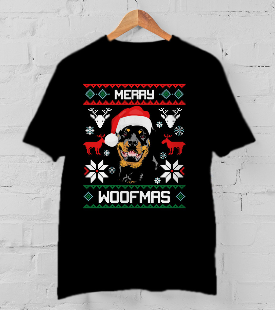 Rottweiler Merry Woofmas Santa Hat Reindeer Ugly Christmas T-Shirt
