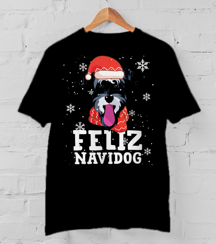 Feliz Navidog Miniature Schnauzer Dog Santa Hat Snowflakes T-Shirt