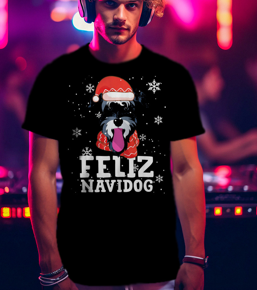 Feliz Navidog Miniature Schnauzer Dog Santa Hat Snowflakes T-Shirt