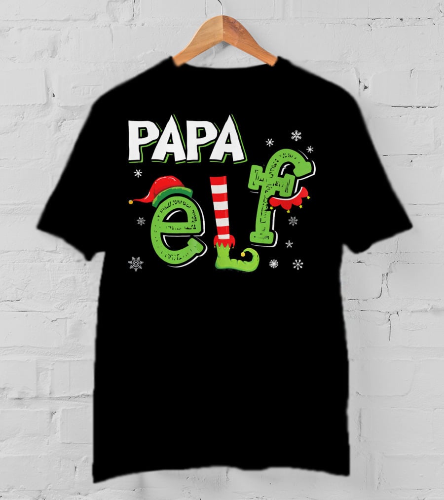 PAPA ELF Christmas Hat Stripes And Snowflakes T-Shirt